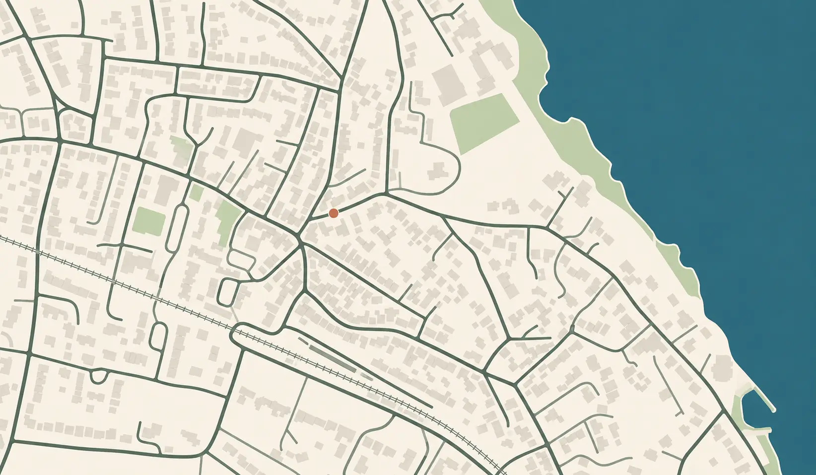 Abstract map of central Dalkey showing Coliemore Terrace, Dalkey Village, Dalkey Castle, Dalkey DART station, Coliemore Road, Sorrento Road and Coliemore Harbour