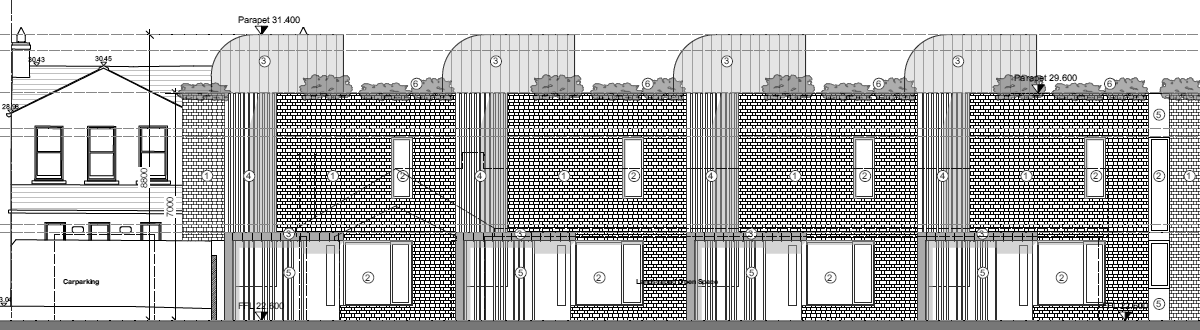Architectural front elevation of the four proposed residences