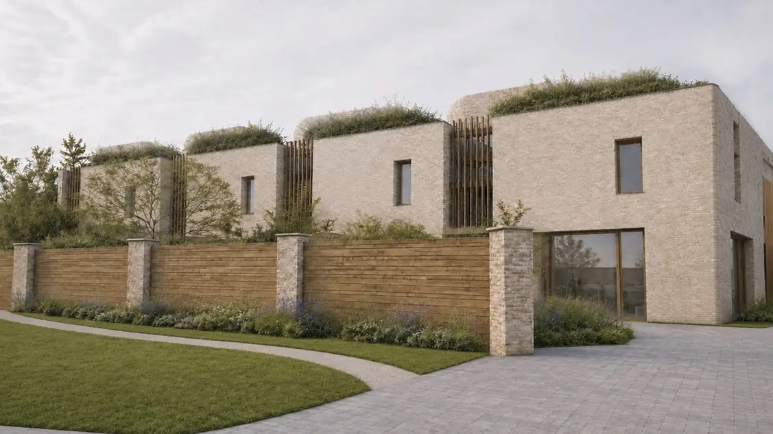 Contemporary project CGI showing the proposed buff brickwork, timber screening, planted roofscape and landscaped boundary