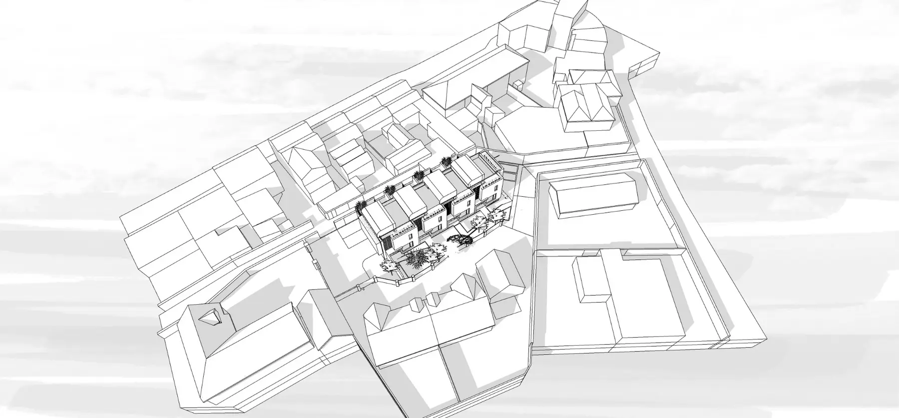 Black-and-white aerial study showing all four residences within the surrounding urban fabric
