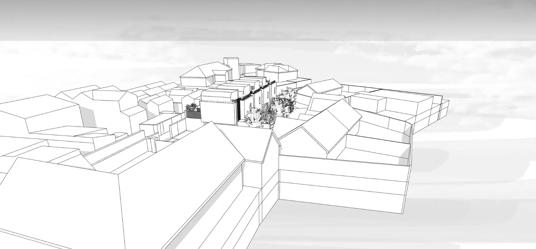 Black-and-white aerial study showing the relationship between the development and adjoining properties