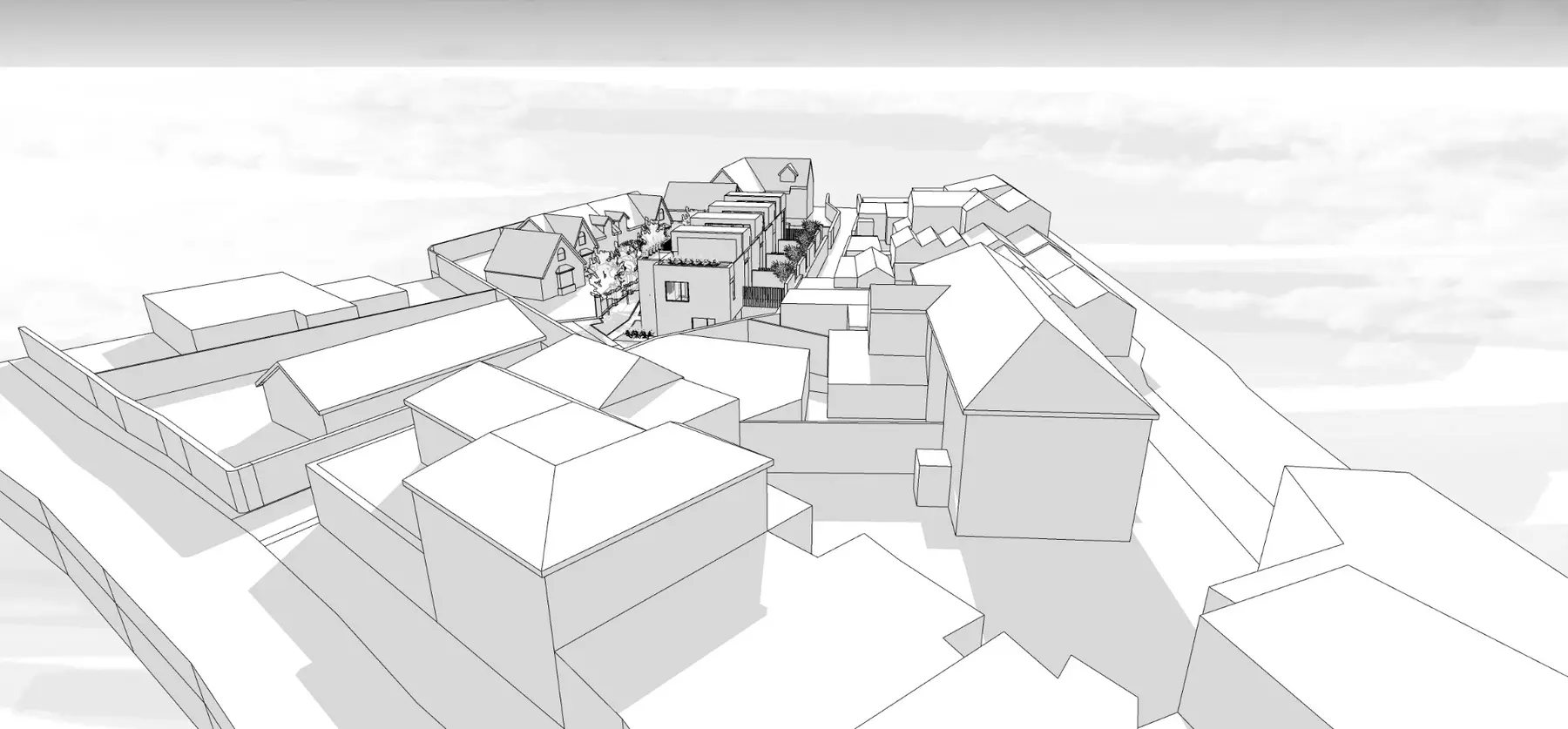 Black-and-white aerial study looking along the four-home composition