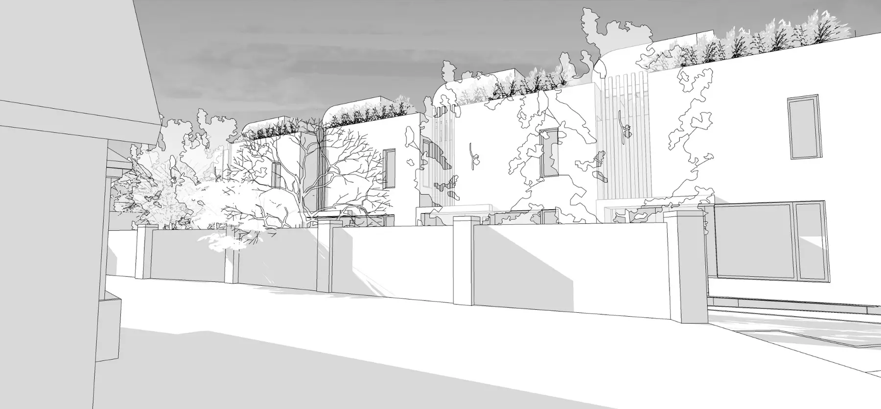 Black-and-white architectural study of the four residences from the neighbouring approach